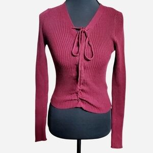 Ambiance Apparel Blouse Womens Small Burgundy Ribbed Long SLeeve Tie Front Top
